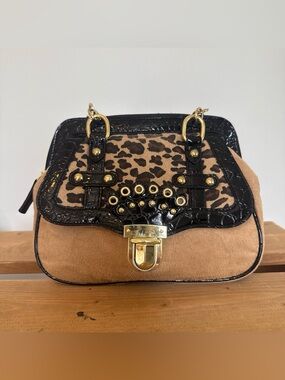 mark. Leopard Print Shoulder Bag with Black Patent & Tan Suede
